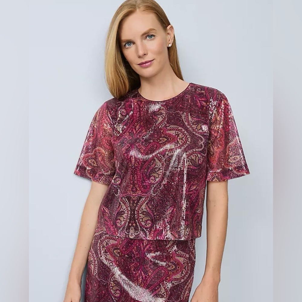 Ann Taylor Red Paisley Sequin Short-Sleeve Top